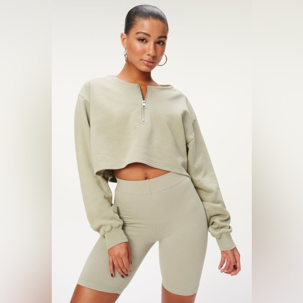 Good American Collarless Half Zip Sweatshirt in Agave